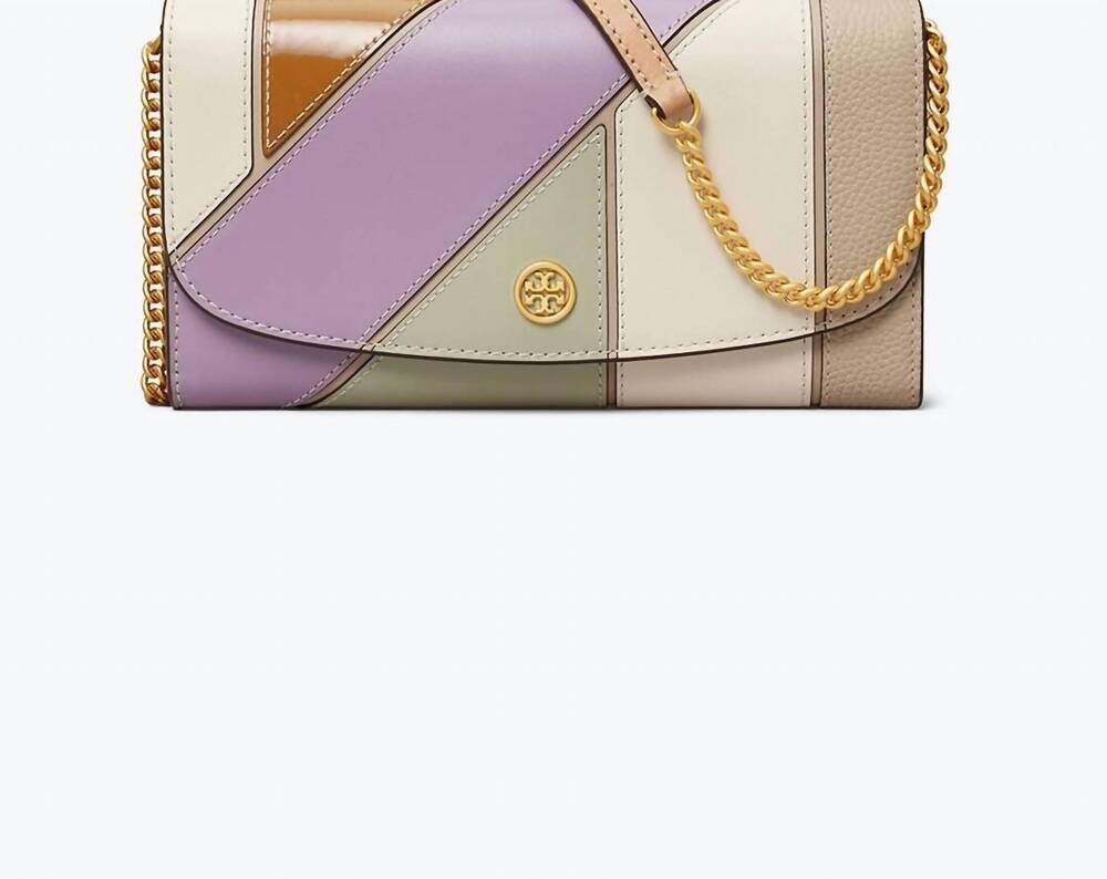 NEW TORY BURCH women's robinson patchwork chain wallet in purple / cream